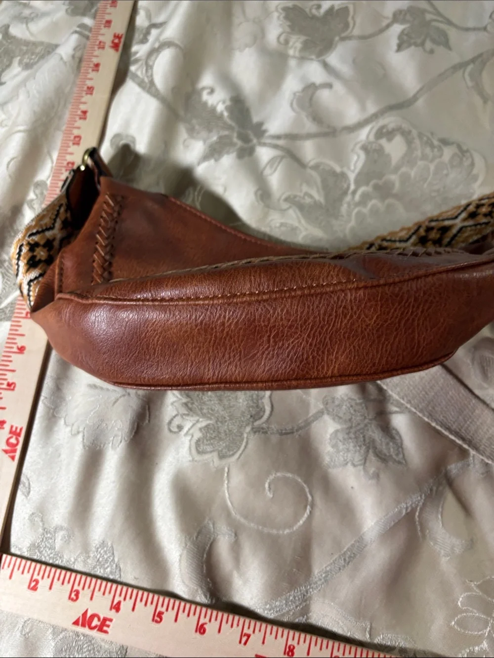 Brown Leather Crossbody Bag with Patterned Strap